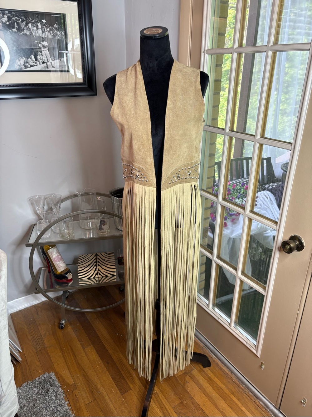 Boho Fringe Suede Vest in Beige with Stud Accents